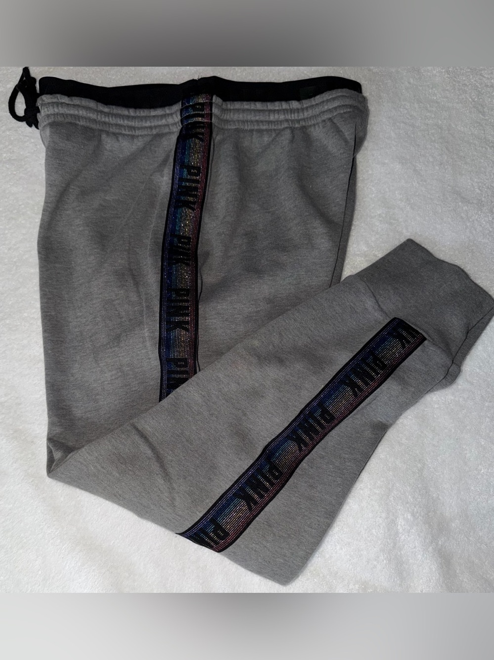 Women PINK Victoria's Secret Gray Joggers with Iridescent Side Logo Size Large